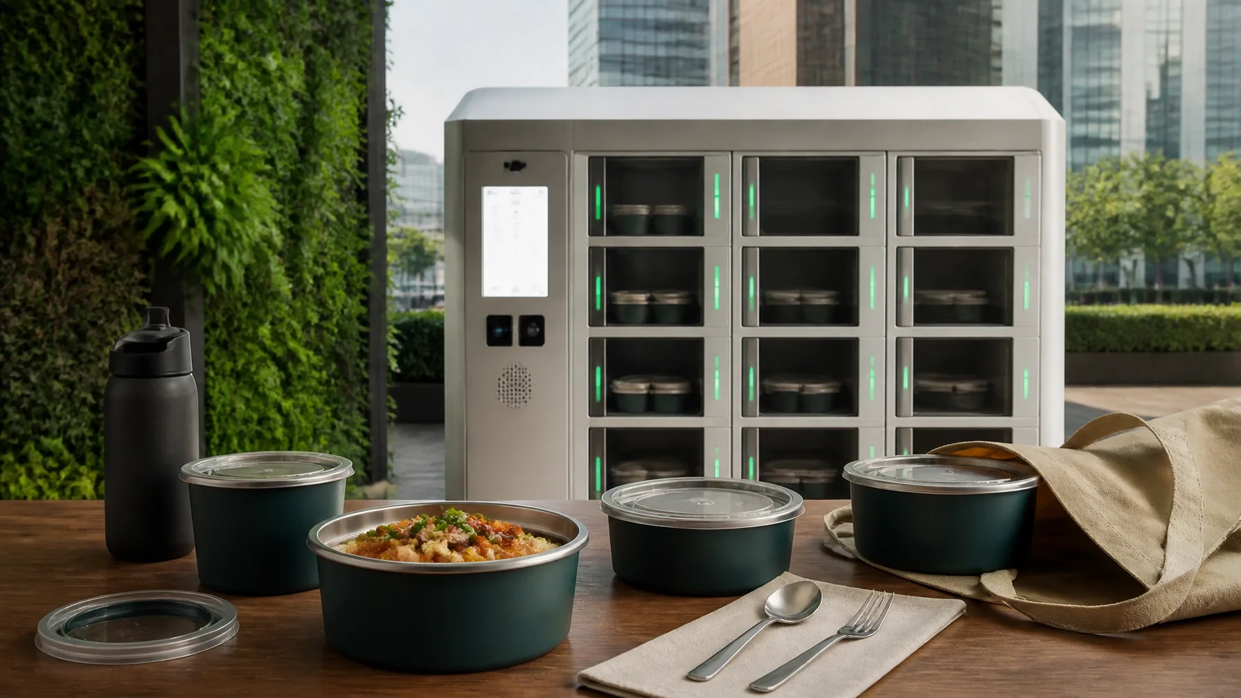 Reusable meals ready for pickup in a temperature-controlled workplace pod